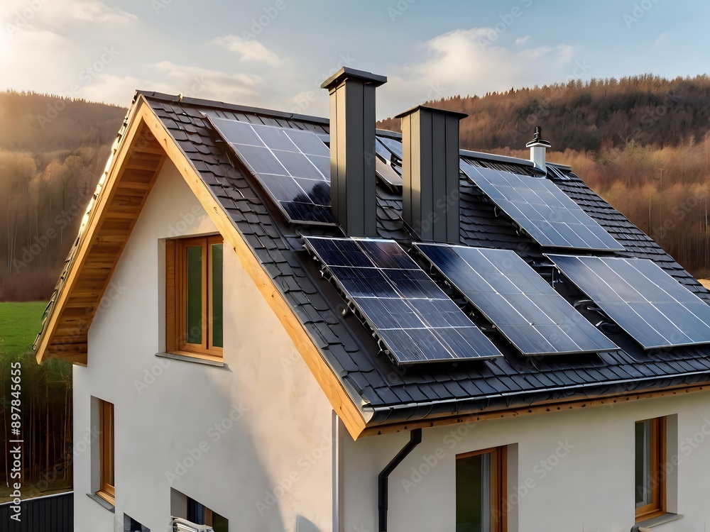 Fototapeta premium Close-up of a new suburban house with a photovoltaic system on the roof. Simple and modern environmentally friendly house with solar panels on the gable roof, with sunlight during the day