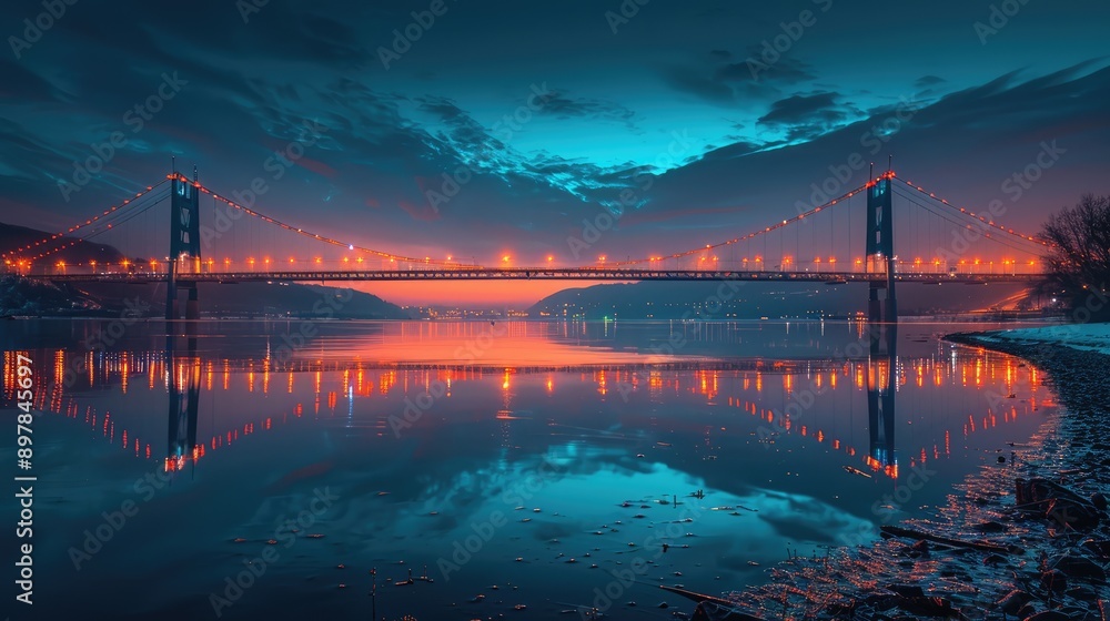 Take a picture of a bridge's reflection in a river at night.