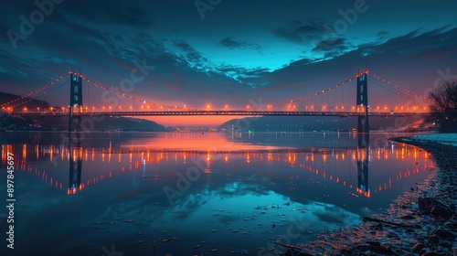 Obraz na płótnie Take a picture of a bridge's reflection in a river at night. w salonie