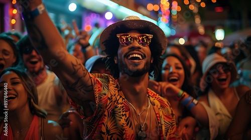 A man with a hat and sunglasses smiles and raises his arm in the air at a crowded concert.