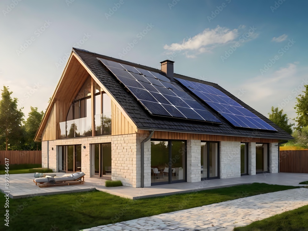 Close-up of a new suburban house with a photovoltaic system on the roof. Simple and modern environmentally friendly house with solar panels on the gable roof, with sunlight during the day Close-up of a new suburban house with a photovoltaic system on the roof. Simple and modern environmentally friendly house with solar panels on the gable roof, with sunlight during the day