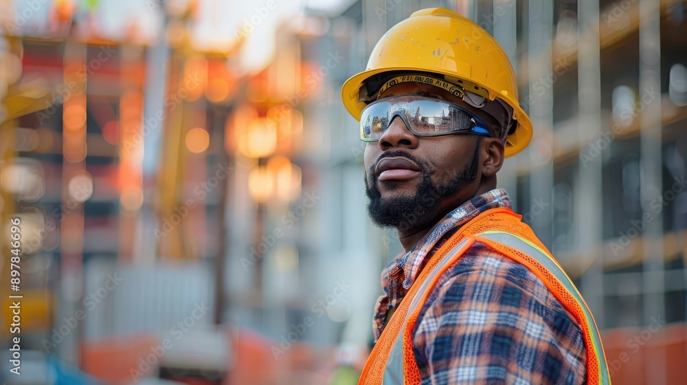 portrait of confident construction worker in hard hat and safety vest standing against backdrop of construction site portrait of confident construction worker in hard hat and safety vest standing against backdrop of construction site