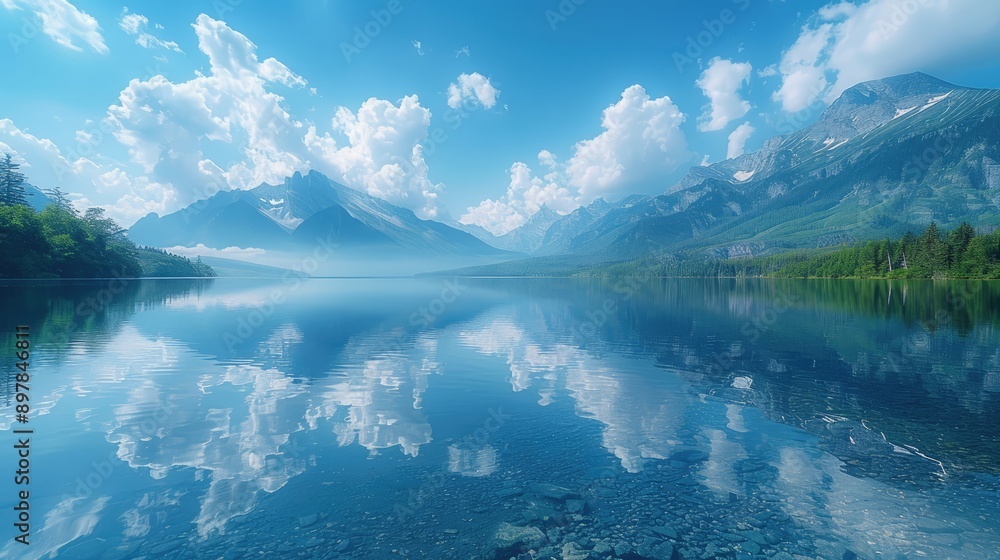 Take a picture of mountains reflected perfectly in a lake.
