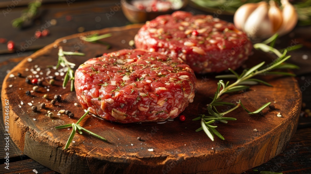 Fresh Raw Burger Patties on a Wooden Board with Spices Fresh Raw Burger Patties on a Wooden Board with Spices
