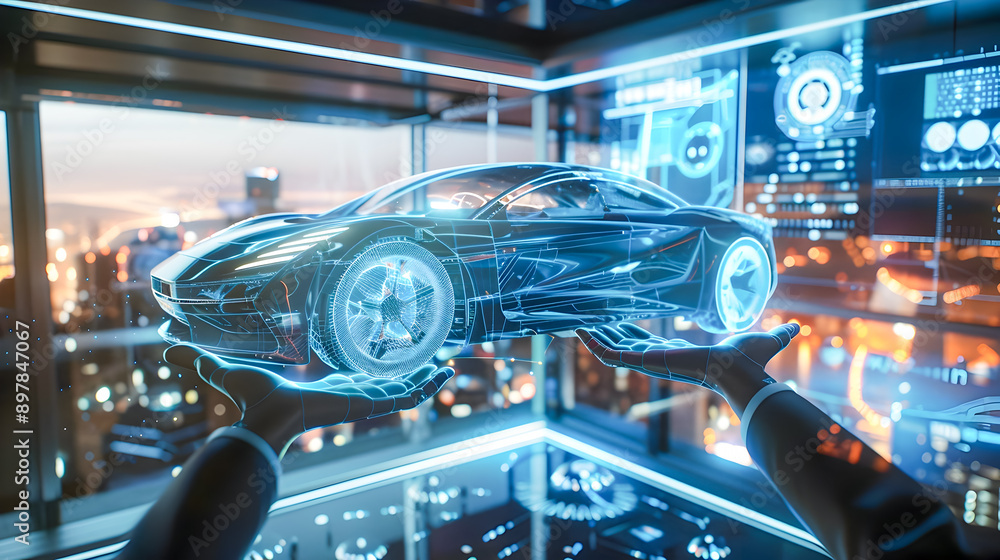 Fototapeta premium Sleek and modern car suspended above a corporate office setting glowing with blue lights and advanced technology The scene features a futuristic holographic interface cityscape view and an immersive