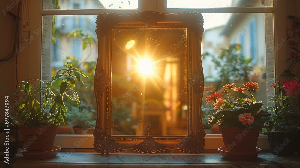 Take a picture of reflections in a decorative mirror at home.