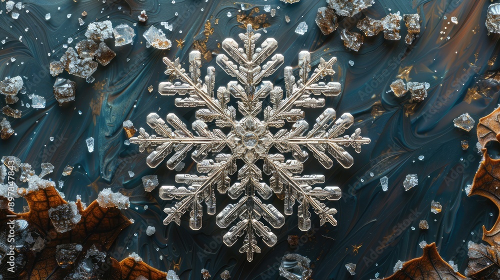 The delicate details of a snowflake on a dark surface, highlighting its unique structure