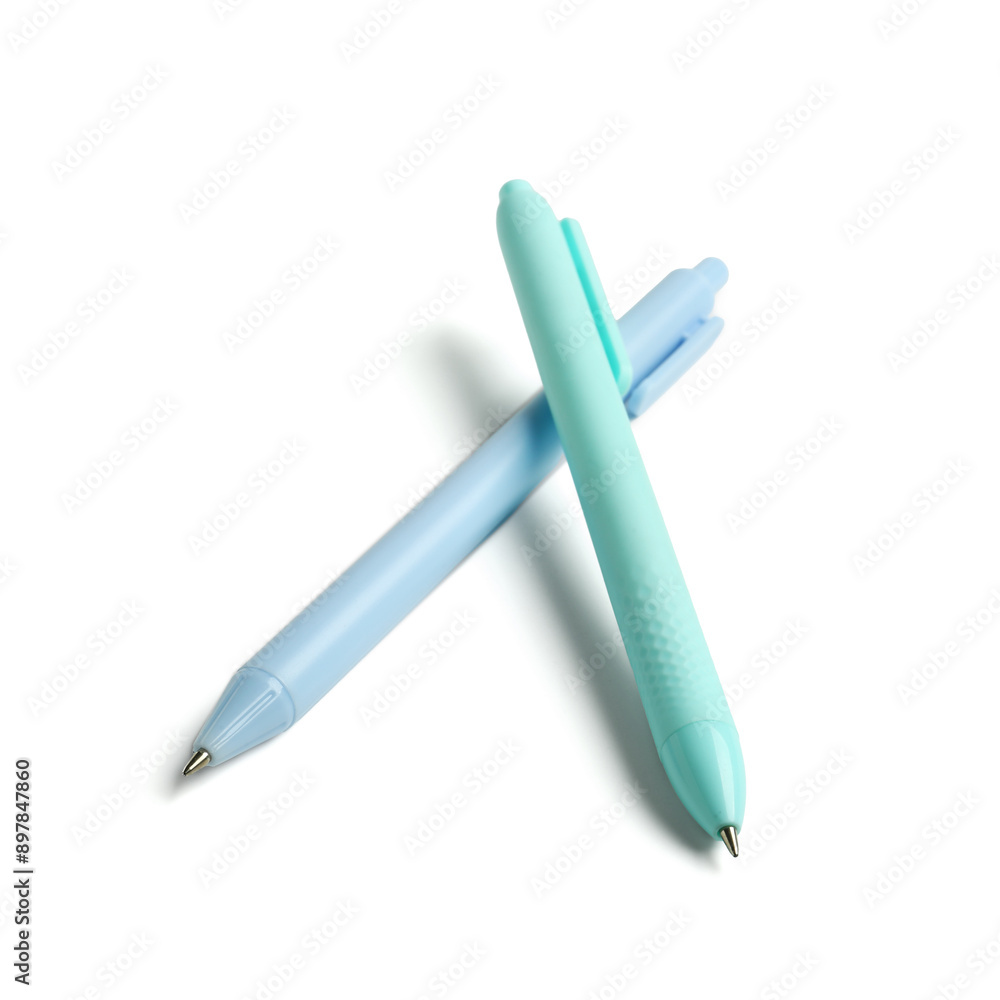 Blue ballpoint pens on white background Blue ballpoint pens on white background