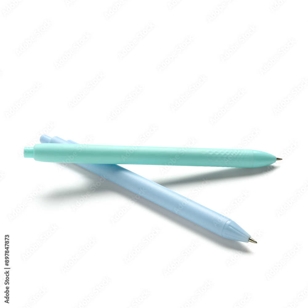 Blue ballpoint pens on white background Blue ballpoint pens on white background