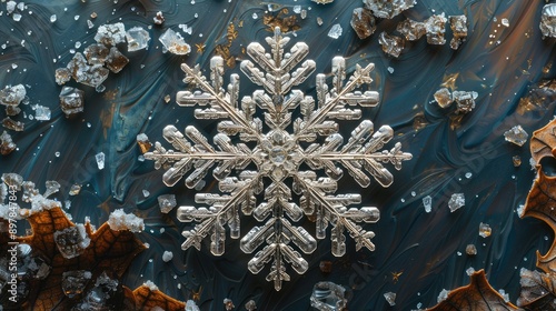 Obraz na płótnie The delicate details of a snowflake on a dark surface, highlighting its unique structure w salonie