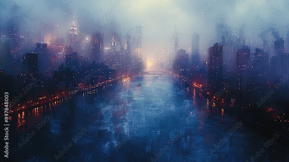 Blurry cityscape with a river
