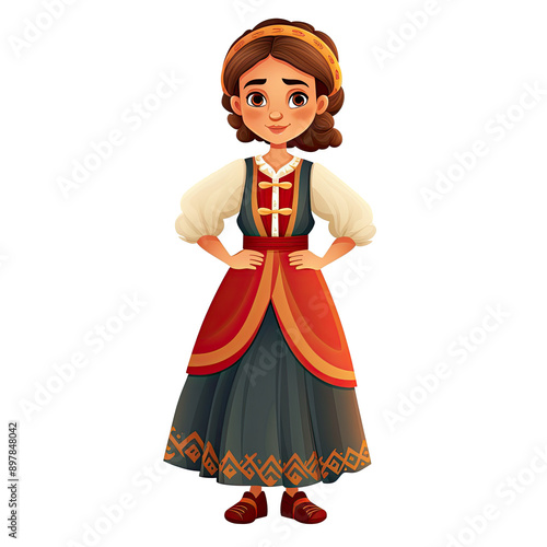 An illustration of a girl in traditional clothing with both hands on her hips