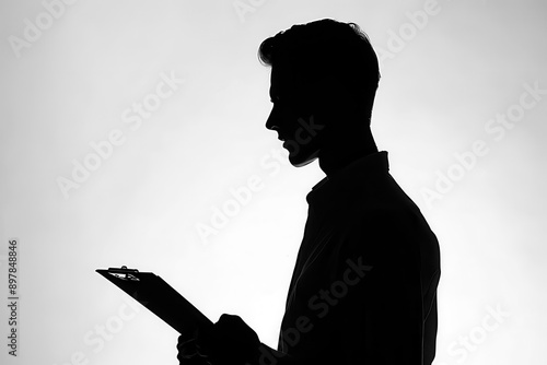 silhouette of young professional against stark white backdrop figure poised with clipboard suggesting focus and determination clean lines emphasize productivity and efficiency in workplace setting
