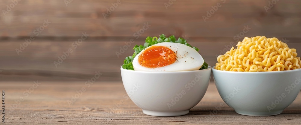 Top view of an instant noodle bowl on a wooden table, copy space, natural lighting Top view of an instant noodle bowl on a wooden table, copy space, natural lighting