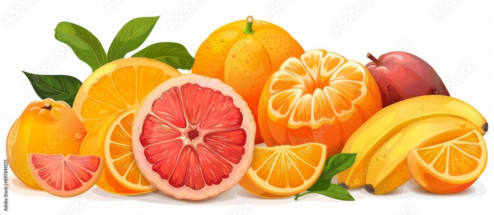Composition of fresh and sliced citrus fruits and bananas on white background Composition of fresh and sliced citrus fruits and bananas on white background
