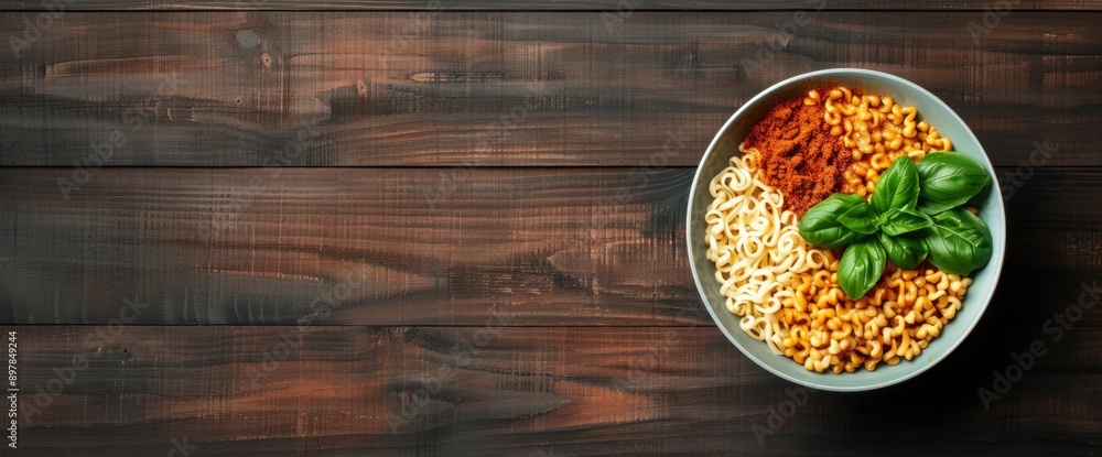 Top view of noodle bowl with herbs and spices, wooden table, copy space, natural lighting Top view of noodle bowl with herbs and spices, wooden table, copy space, natural lighting