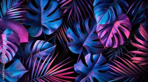 Tropical leaves in neon colors on black background, © Mentari