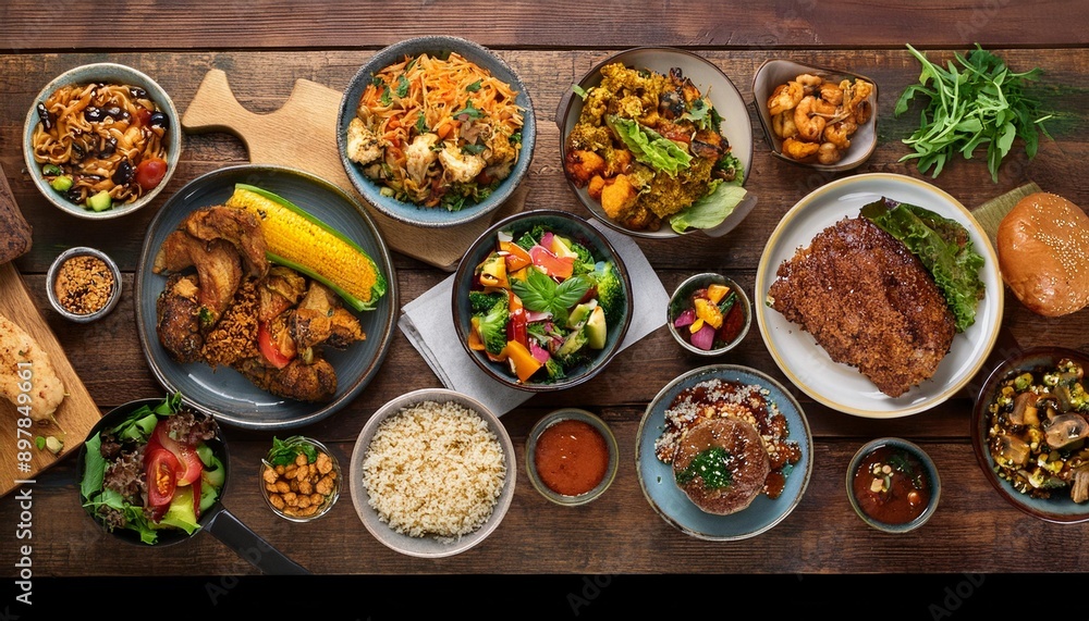 Flat lay of a collage featuring vegan dishes like quinoa salad and tofu stir-fry alongside m Flat lay of a collage featuring vegan dishes like quinoa salad and tofu stir-fry alongside m