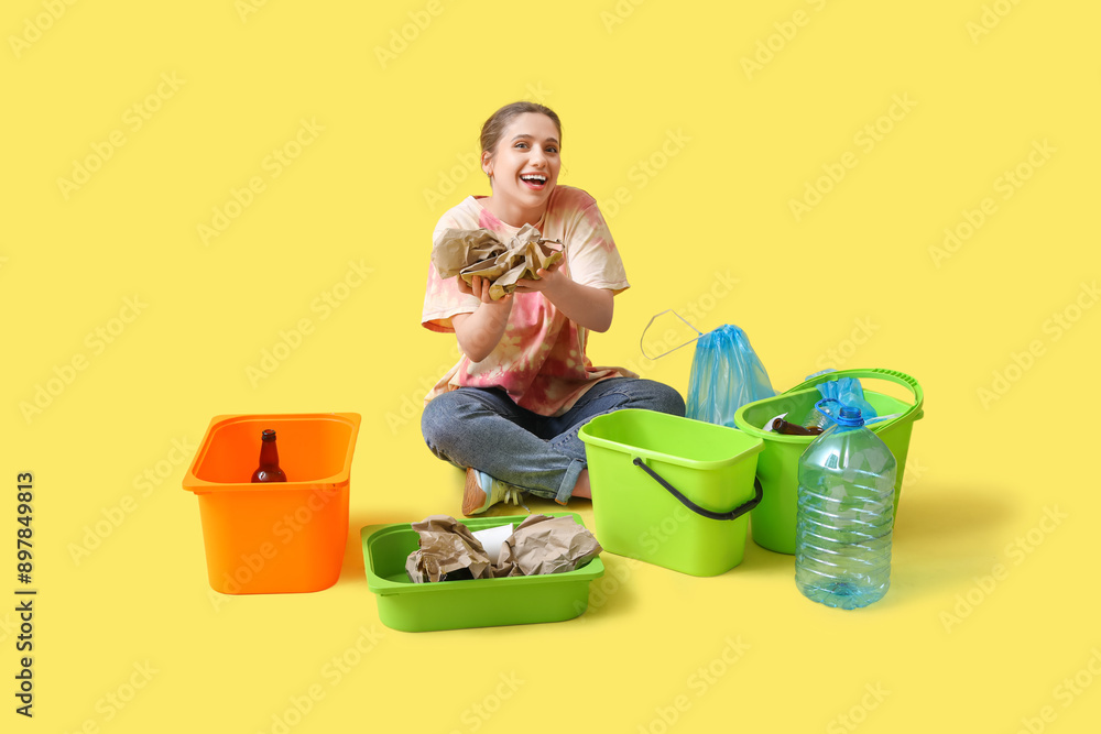 Naklejka premium Young woman sorting trash on yellow background
