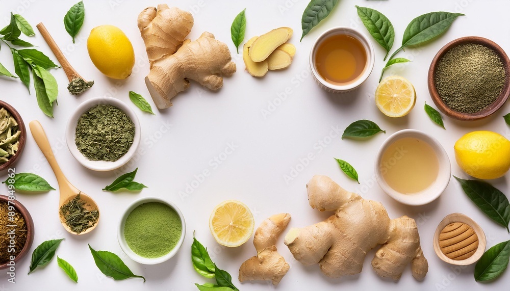 Flat lay of detoxifying foods like ginger, lemon, and green tea, arranged neatly on a white Flat lay of detoxifying foods like ginger, lemon, and green tea, arranged neatly on a white