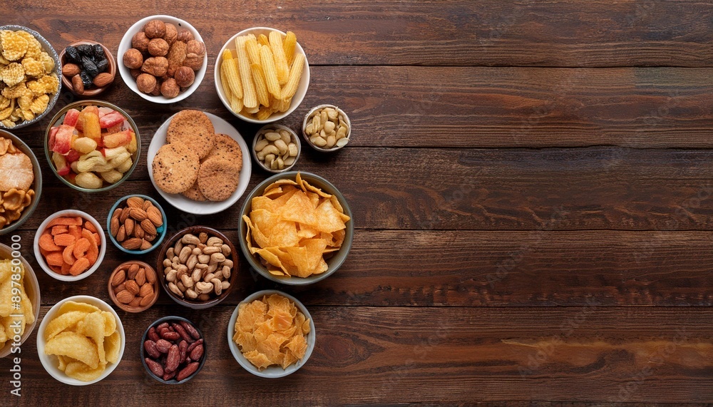 Top view of a collage mixing healthy snacks like fruit bowls and nuts with junk food like ch Top view of a collage mixing healthy snacks like fruit bowls and nuts with junk food like ch