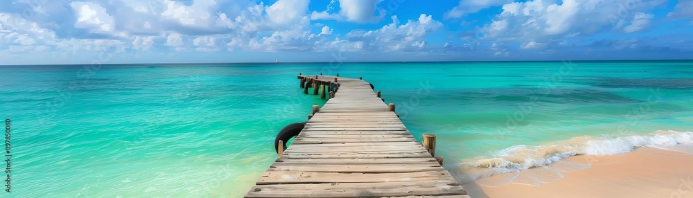 A serene tropical beach with a wooden pier extending into turquoise water A serene tropical beach with a wooden pier extending into turquoise water