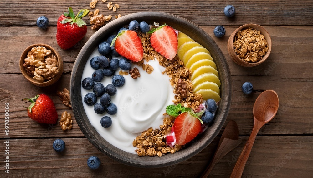 Top view of a rustic wooden table featuring a bowl of Greek yogurt topped with granola, fresh Top view of a rustic wooden table featuring a bowl of Greek yogurt topped with granola, fresh