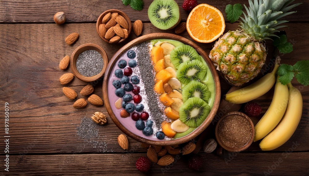 Top view of a rustic wooden table featuring a smoothie bowl topped with fresh fruits, nuts, Top view of a rustic wooden table featuring a smoothie bowl topped with fresh fruits, nuts,