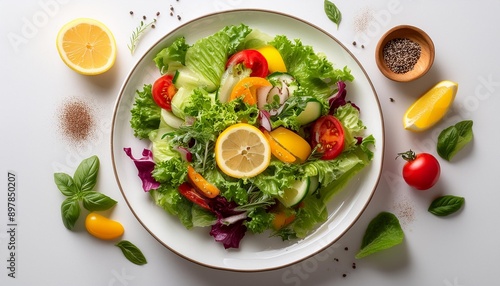  Top view of a vibrant salad with leafy greens, colorful vegetables, and a squeeze of lemon