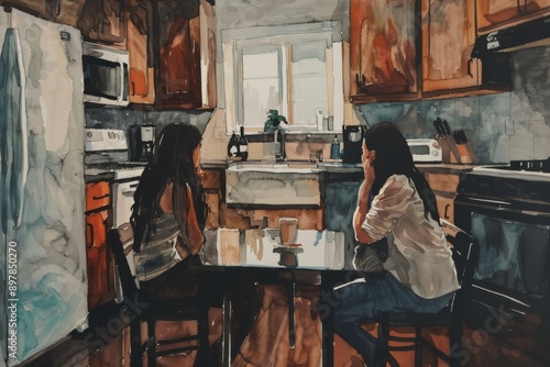 Young woman in the kitchen. The girl is looking at the mirror.