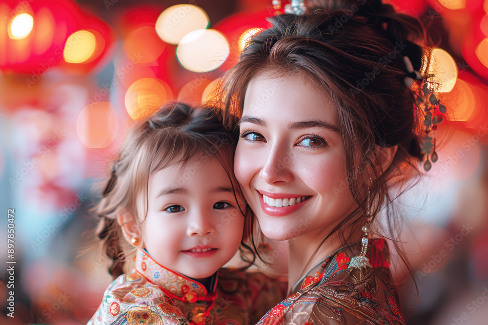Canadian mother and daughter in cheongsam enjoy the lunar new year celebration Canadian mother and daughter in cheongsam enjoy the lunar new year celebration