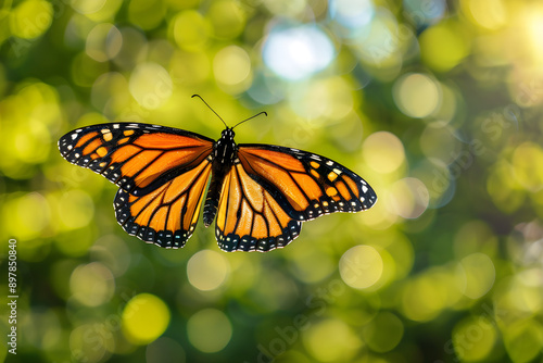 Elegant Monarch Butterfly in Flight amidst Lush Green Background