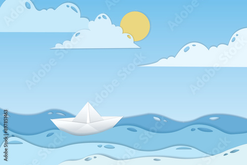 3d vector paper cut water waves with boat, sun clouds. Papercut art illustration in minimalistic craft carving style. Modern layout colorful concept for background cover, poster, card.