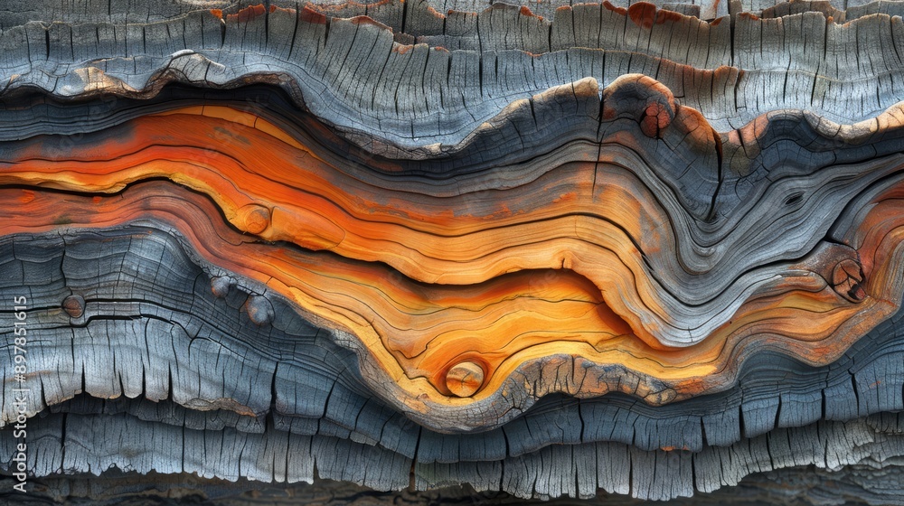 The texture and color variations in a piece of driftwood found on the beach