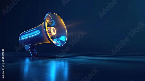 Hologram of a megaphone on the dark blue background.