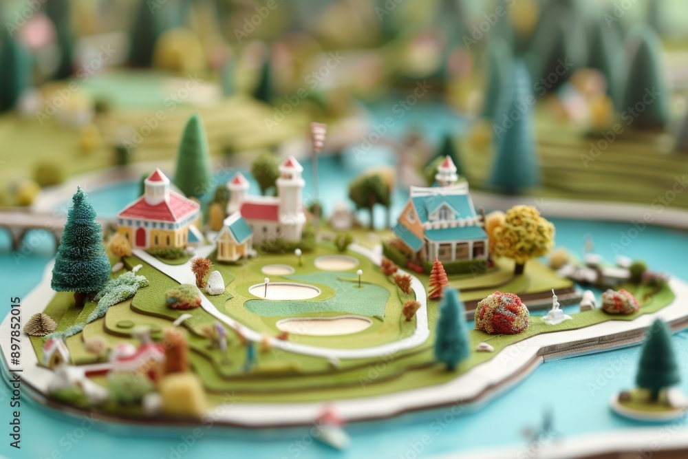 Naklejka premium Miniature Golf Adventure: Intricate Paper Craft Diorama of a Whimsical Course