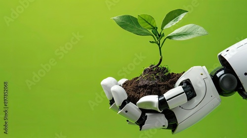 The robot's white hand holds a handful of earth with a plant sprout.