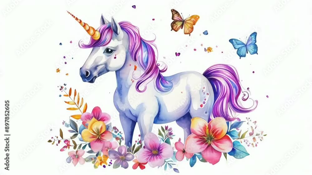 Cute unicorn with flowers and butterflies isolated on a white background Watercolor, Isolated on Transparent Background Cute unicorn with flowers and butterflies isolated on a white background Watercolor, Isolated on Transparent Background