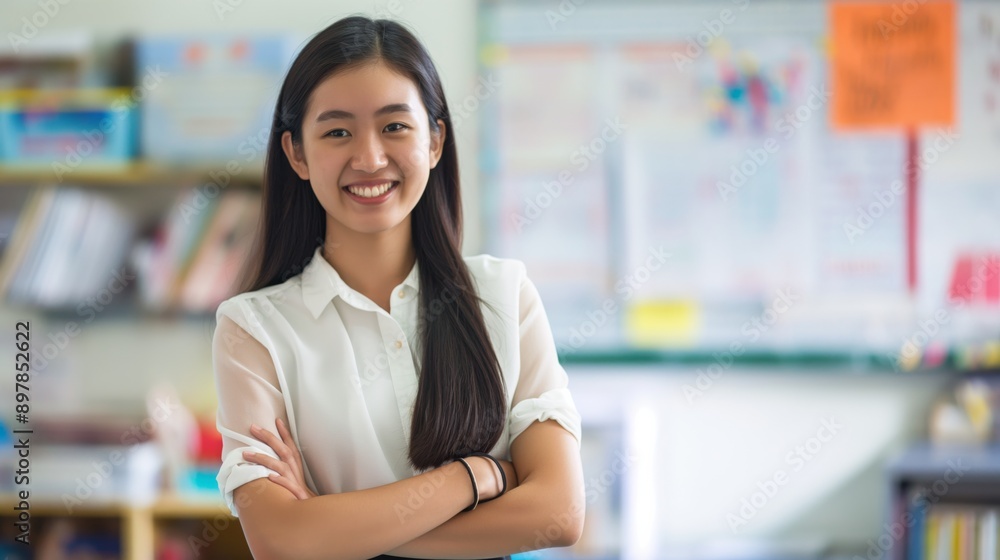 Smiling Southeast Asian Female Teacher in Bright Classroom Setting, Education Concept for Posters and Prints Smiling Southeast Asian Female Teacher in Bright Classroom Setting, Education Concept for Posters and Prints