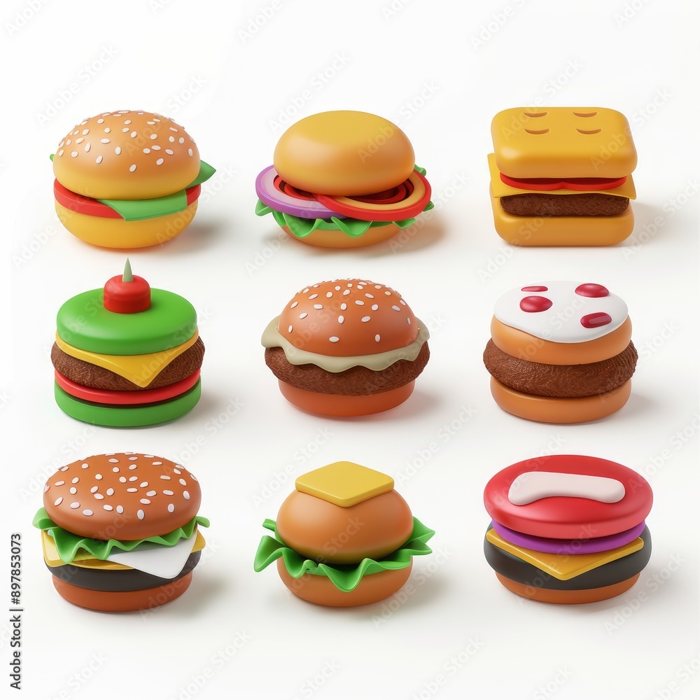 Nine 3D Rendered Cartoon Burgers with Various Toppings Nine 3D Rendered Cartoon Burgers with Various Toppings