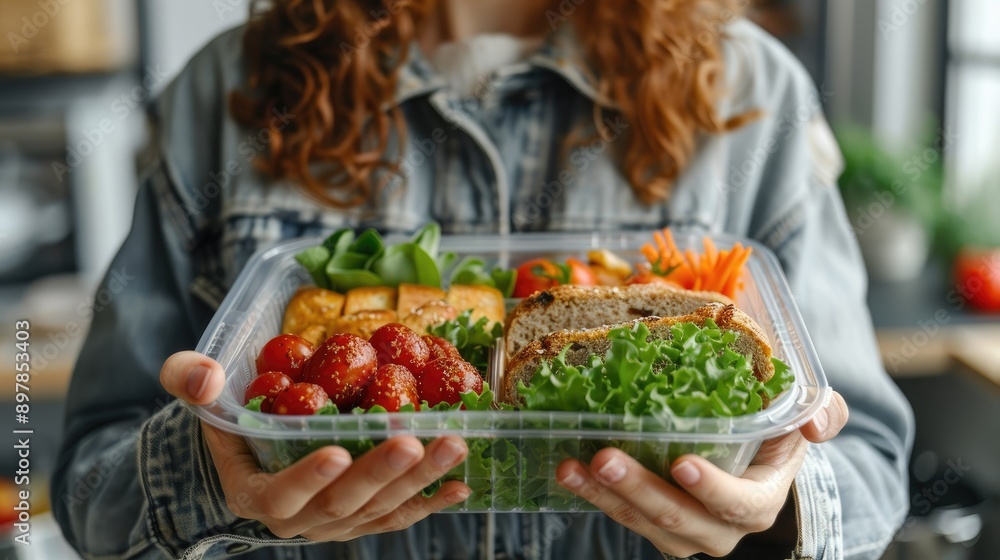 Close-up of Woman Holding a Healthy Vegetarian Lunch Box with Fresh Vegetables and Bread. Close-up of Woman Holding a Healthy Vegetarian Lunch Box with Fresh Vegetables and Bread.