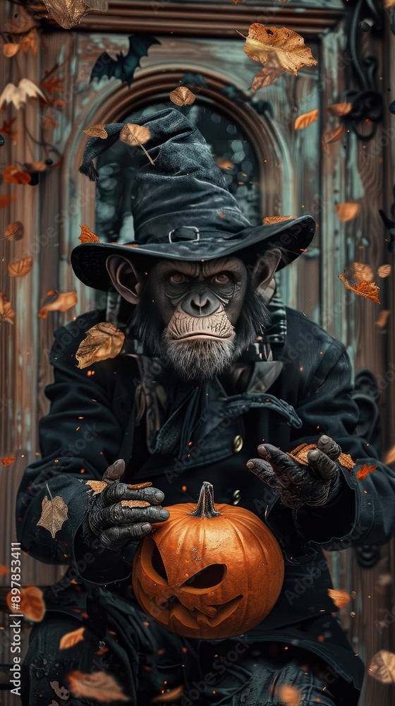 Chimpanzee in a Witch Costume with Jack-o'-Lantern Surrounded by Falling Autumn Leaves Chimpanzee in a Witch Costume with Jack-o'-Lantern Surrounded by Falling Autumn Leaves