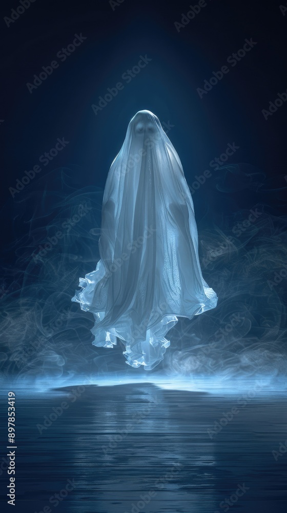 Ethereal Ghostly Figure Floating Above Water in Misty Moonlit Night Ethereal Ghostly Figure Floating Above Water in Misty Moonlit Night