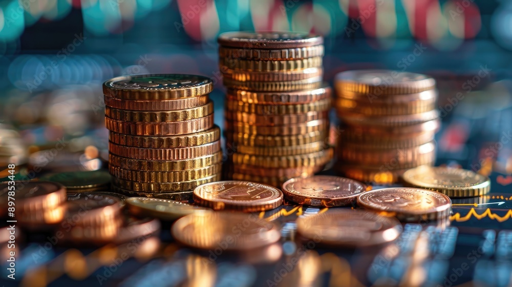 Economy and finance background with money coins , pen and stocks market graphs in blurry backdrop Economy and finance background with money coins , pen and stocks market graphs in blurry backdrop