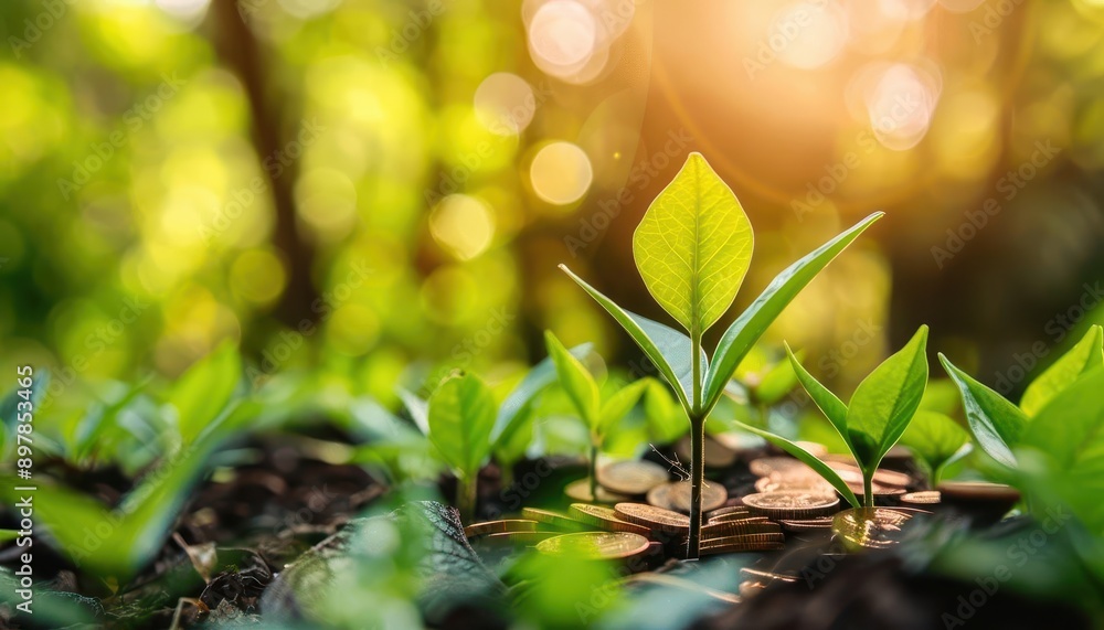 A single sprout growing from a pile of coins in a forest setting. A single sprout growing from a pile of coins in a forest setting.