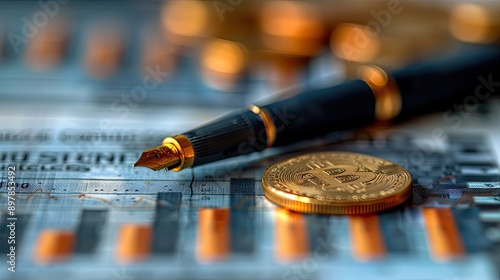 Economy and finance background with money coins , pen and stocks market graphs in blurry backdrop