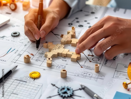 Engineer designing a complex mechanical system with wooden blocks and blueprint. photo