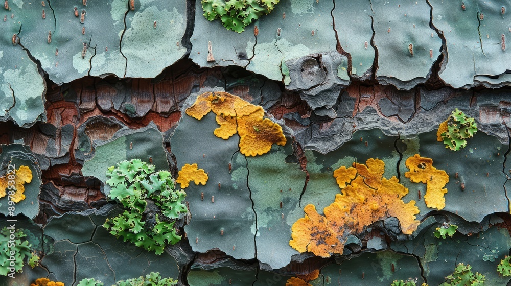 The texture of tree bark with moss and lichen