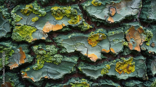 The texture of tree bark with moss and lichen