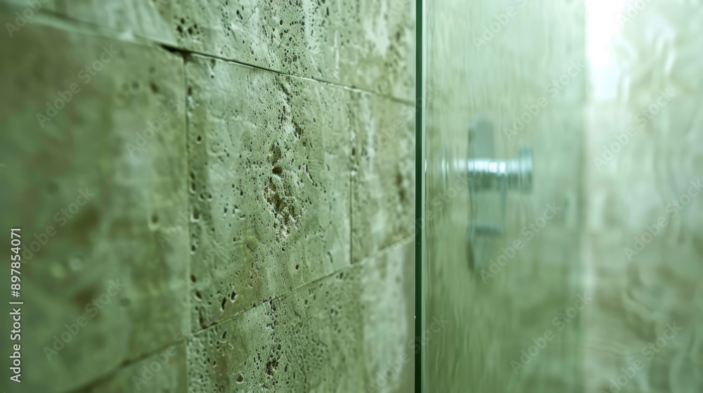 Fototapeta premium Crystal Clear Challenge - Limestone Deposits on Glass Shower Door Hindering Clarity, Hygiene, and Cleaning Effort